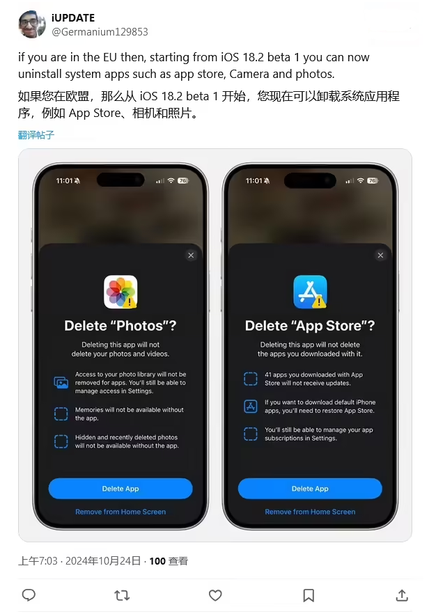 贞丰苹果手机维修分享iOS 18.2 支持删除 App Store 应用商店 