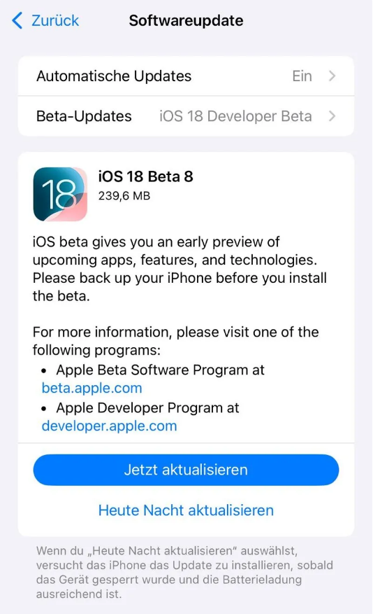 贞丰苹果手机维修分享苹果 iOS / iPadOS 18 开发者预览版 Beta 8 发布 